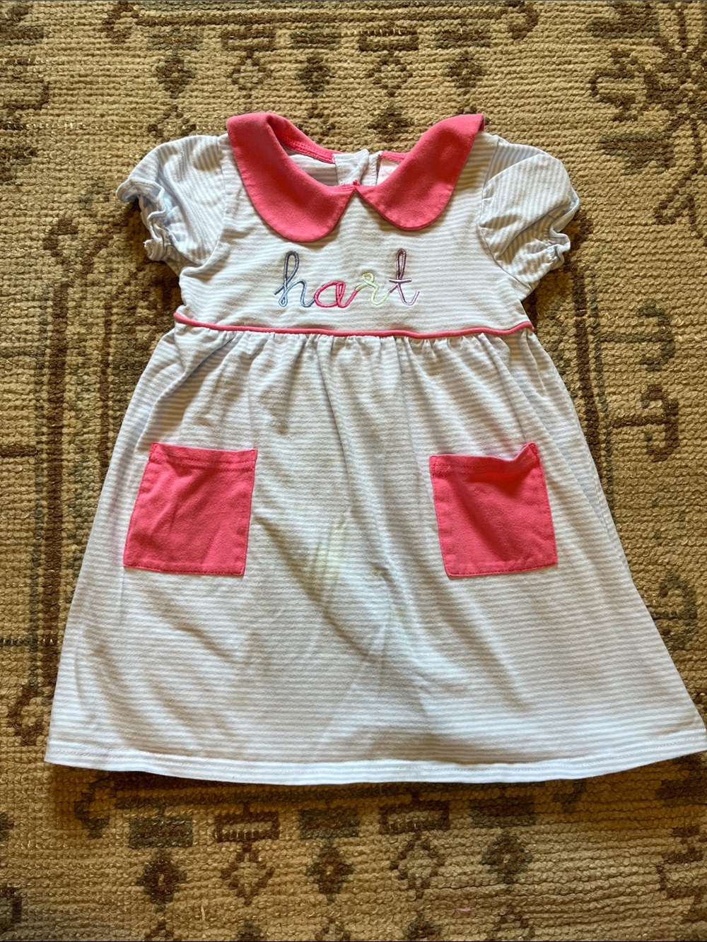 Stitchy Fish Striped Dress with Pink Collar & Pockets - Embroidery “Hart”